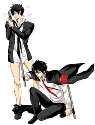 2boys anal anal_object_insertion armband black_hair blush crossover gun hibari_kyouya jacket_on_shoulders katekyo_hitman_reborn! kneeling kougami_shin'ya male_only multiple_boys psycho-pass school_uniform tonfa trait_connection weapon yaoi