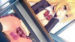 black_legwear black_socks blonde_hair blush bow brown_eyes censored chin_rest classroom collar female female game_cg karatabe long_hair long_sleeves natsuki_rino no_panties open_mouth oshioki_namaiki_gal pachi_pachi_soft pleated_skirt pussy red_bow school_uniform sitting skirt socks solo sweat vibrator