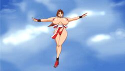 1girls animated areolae bare_legs bouncing_breasts breasts brown_hair close-up erect_nipples fatal_fury female female_only fighting huge_breasts jumping jyubei king_of_fighters large_ass loincloth mai_shiranui nipples panties snk topless wide_hips