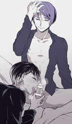 2boys adjusting_hair bar_censor breath censored fellatio gay ghoul heart heart_censor kaneki_ken licking male_only monochrome multiple_boys open_chirt oral penis saliva smile solo_focus tokyo_ghoul tongue_out tsukiyama_shuu yaoi