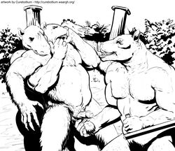 3boys altered_beast anthro ball_stretching balls bara bear boar cock_and_ball_torture cureboltium foreskin fur furry furry_only gay humanoid_penis male male_only mammal monochrome muscular muscular_male penis porcine rhinoceros sketch tagme yaoi