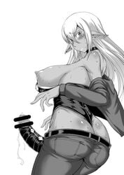 1futa ass bar_censor belt blush breasts censored choker dark_skin erect_nipples erection futa_only futanari gate_-_jieitai_ka_no_chi_nite_kaku_tatakaeri hair intersex large_breasts long_hair looking_back matou monochrome nipples penis pointy_ears precum simple_background solo sweat white_background yao_haa_dushi