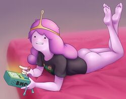 1girls 2015 adventure_time ass barefoot bmo bottomless cartoon_network feet handjob on_bed penis princess_bubblegum robnroll soles toes