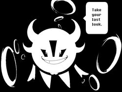 amalgamate_(undertale) astigmatism black_and_white dialogue english_text exed_eyes female horn looking_at_viewer monochrome monster pussy ring smile solo speech_bubble text undertale