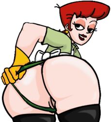 apron ass cartoon_network dat_ass dexter's_laboratory dexter's_mom earrings english_text gloves hair huge_ass human lipstick milf mother ms._pig orange_hair posing text thigh_highs transparent_background