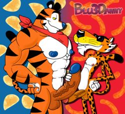 abs anthro blu3danny blue cheetah cheetos chester_cheetah chubby erection eyewear fangs feline frosted_flakes frottage fur glans grabbing hi_res huge_cock kellogg's male male_only mammal muscles neckerchief nipples nose orange pecs penis retracted_foreskin size_difference smirk sunglasses tiger tony_the_tiger uncut vein veiny yellow_sclera