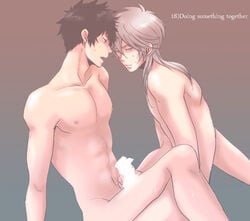 2boys black_hair censored english frottage gay gradient gradient_background grey_hair handjob kougami_shin'ya makishima_shougo male_only multiple_boys nude psycho-pass yaoi