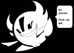 astigmatism black_and_white blush dialogue english_text exed_eyes female horn looking_at_viewer monochrome monster presenting pussy smile solo speech_bubble text undertale waddling_head