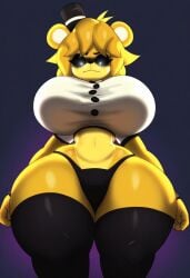 1girls ai_generated animal_ears animal_nose animatronic animatronic_female anthro bear_ears black_background black_headwear black_nose black_panties black_sclera black_stockings black_thighhighs black_topwear breasts buttoned_shirt crop_top feet_out_of_frame female female_front-view female_front_angle female_front_view female_only five_nights_at_freddy's fredina's_nightclub from_below front-view_female front_angle_female front_view_female front_view_upper_body glowing_eyes golden_freddy_(fnaf) golden_fredina_(cally3d) gradient_background huge_breasts looking_at_viewer looking_down narrow_waist purple_background robot robot_girl scottgames short_sleeves slim_waist solo style_emulation thick_thighs tifokoh57 top_hat tophat type_0 upper_body_front_view white_pupils white_topwear wide_hips yellow_body yellow_hair