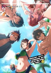 2boys 3girls artist_name beach big_breasts bikini black-haired_female black-haired_male black_hair blonde-haired_male blonde_hair blue-haired_female blue_hair blue_sky breasts brown-eyed_male brown_eyes circle_formation digimon digimon_alysion digimon_beatbreak digimon_card_game digimon_liberator digimon_story digimon_story:_time_stranger english_commentary english_text female finger_frame from_below glasses green-eyed_female green_bikini green_eyes group_picture hondo_kanata in-franchise_crossover jewelry kanan_yuki kannata kazama_shouto keyliom large_breasts long_hair looking_down male medium_breasts multicolored_hair multiple_boys multiple_females multiple_girls multiple_males necklace one_eye_closed palm_tree pendant pink-haired_female pink_hair purple-eyed_female purple_eyes red-eyed_male red-haired_female red_eyes red_hair red_shirt shirt sky striped_bikini swimsuit tenma_tomoro toei_animation tongue tongue_out trait_connection tree two-tone_hair v watermark white_bikini yellow-eyed_female yellow_bikini yellow_eyes yuuki_(digimon) yuuki_kanan