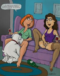 1boy 2girls bobby_luv bonnie_swanson brian_griffin canine cunnilingus family_guy female human lois_griffin male oral straight threesome white_fur wine