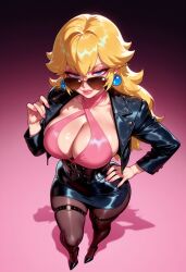 1girls adjusting_eyewear ai_generated alternate_costume balecxi black_footwear black_jacket black_pantyhose black_skirt blonde_hair blue_eyes breasts brown_pantyhose cleavage clothing collarbone criss-cross_halter cropped_jacket curvaceous curvaceous_female curvaceous_figure curvy curvy_figure earrings eyelashes eyeshadow female female_focus fingernails footwear from_above full_body gradient_background hair_between_eyes halterneck hand_on_own_hip high_heels jacket jewelry large_breasts leather leather_jacket lips lipstick long_hair long_sleeves looking_at_viewer looking_over_eyewear looking_over_sunglasses makeup mario_(series) miniskirt nail_polish nintento o-ring o-ring_thigh_strap o-ring_top open_clothes open_jacket pantyhose parted_lips pencil_skirt pink_background pink_eyeshadow pink_lips pink_nails princess_peach shiny_clothes shoes sidelocks skindentation skirt smile solo sphere_earrings standing sunglasses super_mario_bros. thick_thighs thigh_strap thighs tinted_eyewear voluptuous voluptuous_female