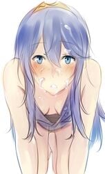 all_fours bent_over blue_eyes blue_hair breasts cleavage cum cum_on_hair facial female female_only fire_emblem fire_emblem_awakening human leaning_forward long_hair looking_at_viewer lucina_(fire_emblem) simple_background sketch solo tusia white_background