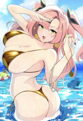 1girl absurdres amillion_(zenless_zone_zero) ass bangboo_(zenless_zone_zero) big_ass big_breasts bikini breasts colored_nails commentary_request earrings gold_bikini green_eyes hair_ornament hairclip heart heart_earrings highres houton_tamago huge_breasts innertube jewelry long_nails mole mole_on_breast mole_under_eye multicolored_nails multiple_moles nicole_demara painted_nails partially_submerged pink_hair solo swim_ring swimsuit twintails zenless_zone_zero