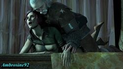 1boy 1girls 3d age_difference ambrosine92 areola breasts breasts_out cd_projekt_red clothed_sex female from_behind hair human nipples red_hair sex source_filmmaker the_witcher the_witcher_(series) the_witcher_2 the_witcher_3:_wild_hunt triss_merigold vesemir