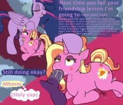 alicorn animal_genitalia animal_penis animal_pussy animal_vulva anus blush blush_lines bodily_fluids clitoral_winking clitoris closed_eyes consent_themes cutie_mark dialogue dock_(anatomy) duo english_text equid equine equine_anus equine_genitalia equine_penis equine_pussy equine_vulva explicitly_stated_consent female feral friendship_is_magic futanari genital_fluids genitals hair hasbro hi_res horn horse intersex intersex/female kinktober kinktober_2025 luster_dawn_(mlp) lying magic mammal markings multicolored_hair my_little_pony mythological_creature mythological_equine mythology neck_bulge on_front oral oral_penetration penetration penis pony punishment pussy riding_crop roleplay saliva saliva_string sex speech_bubble student tail tally_(artist) teacher teacher_and_student tears teary_eyes teats text thought_bubble threatening_rape twilight_sparkle_(mlp) unicorn vaginal_fluids whip wings yapping