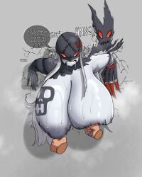 1girls anger_vein angry angry_face big_breasts breast_grab breast_tattoo breasts breasts_bigger_than_torso breasts_through_wall claws clenched_teeth dialogue digimon digimon_(species) disembodied_hands double_breast_grab drooling english_text female forced_milking ghost gigantic_breasts grey-skinned_female grey_body grey_hair grey_skin grey_skinned_female hanging_breasts horndogo36 huge_breasts ladydevimon long_claws massive_breasts milking_breasts monster_girl motion_blur motion_lines nipple_pull red_sclera sharp_claws skull_symbol solo speech_bubble stitches stuck stuck_in_wall sweat teeth teeth_clenched text through_wall very_high_resolution what
