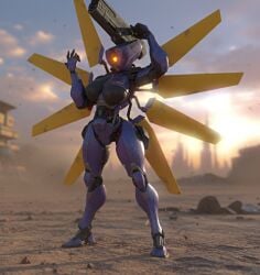 3d ai_generated big_breasts blue_armor breasts camera_head desert female holding_gun robot_girl rule_63 ultrakill v1_(ultrakill)