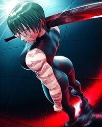 1girls absurdres ass ass_bigger_than_head aura back_view belt big_ass big_breasts breasts burn_scar commentary crop_top english_commentary female female_only glasses green_hair highres hips hips_wider_than_shoulders holding_object huge_ass huge_breasts jujutsu_kaisen looking_at_viewer looking_back mikadawn multiple_scars muscular muscular_female pants posing scar scar_on_arm scar_on_face scars_all_over short_hair solo sword thick thick_ass thick_thighs thighs tomboy toned toned_female weapon yellow_eyes zenin_maki