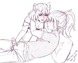 1boy 1girls assertive_female bed bite_mark box_typhoon canon_couple cat_ears catgirl dominant_female fangs half_dressed half_naked handjob heterosexual mio_(xenoblade) noah_(xenoblade) pillow ponytail sharp_teeth straight submissive_male teeth_showing wholesome xenoblade_(series) xenoblade_chronicles_3
