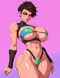 1girl 1girls ai_generated big_breasts bikini bikini_armor bracers brown_hair cameltoe glossy glossy_body glossy_skin hourglass hourglass_body hourglass_figure hourglass_figured_female huge_breasts massive_breasts pink_lips pink_lipstick round_breasts shiny_skin short_hair solo solo_female thin_waist thong thong_bikini vjuice wide_hips