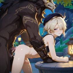 1femboy 2boys ai_generated anal ass balls blush crossdressing cum_in_ass cumming_from_anal_sex doggy_style femboy feminine_male freminet_(genshin_impact) functionally_nude gay genshin_impact girly hilichurls_(species) hoyoverse ian8766_(artist) male male_focus male_only mihoyo mitachurl monster monster_rape penis precum rape raped_by_monster self_upload smile teasing testicles trap yaoi