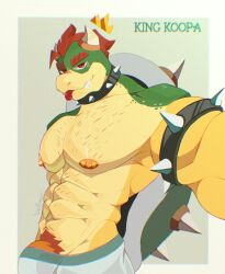 1boy abs anthro bara bowser breaking_the_fourth_wall bulge clothing collar furry furry_male furry_only holding_screen horns king koopa looking_at_viewer male male_nipples male_only mario_(series) mature mature_anthro mature_male muscles muscular muscular_anthro muscular_male nintendo nipples pants penis penis_base red_eyes red_hair reptile royalty scalie shell simple_background spiked_shell spikes tagme varibaran yaoi yellow_skin