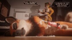 3d_(artwork) abs after_orgasm after_orgasm_torture amber_eyes animal_genitalia animal_penis anthro areola athletic athletic_anthro athletic_female athletic_male balls bedroom biceps big_breasts black_hair bodily_fluids bound breasts brown_body brown_fur brown_nipples canid canine canine_genitalia canine_penis canis cheek_tuft cheetah chenira_(johnwulffe) chest_tuft clenched_teeth controller countershading crotch_tuft cum cum_on_ground cum_on_penis cum_on_self cumshot dialogue digital_media_(artwork) dominant dominant_female duo ear_tuft ejaculation eye_roll eyewear facial_markings facial_tuft felid feline felis female fluffy forced forced_orgasm fur furry genital_fluids genitals glasses guarez_(johnwulffe) hair hands_behind_back hands_tied hands_tied_behind_back harness harness_only head_markings helpless hi_res inside johnwulffe knot knotted_penis long_hair looking_at_another looking_down lying male male/female mammal maned_wolf markings muscular muscular_anthro muscular_female night nipples on_ground orange_body orange_fur orgasm orgasm_face penile penis red_penis remote_control remote_controlled_vibrator sex_toy shadow speech_bubble spots spotted_body spotted_fur standing teeth text tuft vibrator vibrator_on_penis whiskers yellow_body yellow_fur