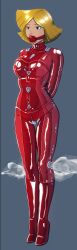 1girls arms_behind_back ball_gag blonde_hair blue_eyes bodysuit clover_(totally_spies) collar female female_only femsub fully_clothed gag gagged high_heels hkr06 latex latex_clothing red_bodysuit shiny_clothes solo tight_clothing totally_spies