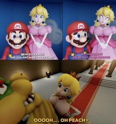 1girls 2boys 3d 3d_(artwork) big_breasts blonde_female blonde_hair blue_eyes bowser breasts cleavage colored_text cucked_by_beast cuckold eyes_rolling_back fat_cock fat_tits female large_breasts long_hair male mario mario_(series) mario_bros moustache multiple_boys multiple_males mustache netorare nintendo no_pupils overalls paizuri penis penis_between_breasts pink_dress princess_peach red_shirt small_arms small_hands super_mario_bros. text titjob yellow_cock