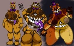animatronic anthro areola ass bear belly_mouth big_breasts big_butt bodily_fluids bow_tie breasts brown_areola brown_body brown_fur brown_nipples cheek_tuft clothing eyelashes eyeshadow facial_tuft female five_nights_at_freddy's five_nights_at_freddy's_4 front_view fur ggez2341 grey_background hat headgear headwear hi_res huge_breasts huge_butt inverted_nipples looking_at_viewer low-angle_view machine makeup mammal nightmare_fredbear_(fnaf) nipples overweight overweight_anthro overweight_female purple_bow_tie purple_clothing purple_eyeshadow purple_hat purple_headwear purple_tongue purple_top_hat rear_view red_sclera robot rule_63 saliva scottgames sharp_teeth simple_background smile solo teeth thick_thighs tongue tuft white_eyes wide_hips yellow_body yellow_fur