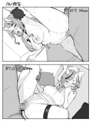 1boy arm_cuffs arm_up armpits blush bottomless breasts censored closed_eyes clothed_female_nude_male clothed_sex completely_nude covered_nipples covering_own_mouth feet_out_of_frame female frilled_cuffs furrowed_brow greyscale hair_between_horns half-closed_eyes heart heart_censor highres hikimayu hood hood_up hoodie horns large_breasts leg_lift long_hair lying male medium_hair missionary mole mole_under_mouth monochrome multicolored_hair multiple_views navel nijisanji nipples nude official_alternate_costume on_back oni open_mouth penis pointy_ears pussy pussy_juice rindou_mikoto rindou_mikoto_(5th_costume) rindou_mikoto_(6th_costume) sex short_eyebrows sidelocks simple_background skin-covered_horns solo_focus split spread_legs standing standing_on_one_leg standing_sex standing_split straight streaked_hair suisogenshi swept_bangs thick_eyebrows thigh_strap tongue translated two-tone_hair vaginal_penetration virtual_youtuber white_background