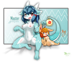 anthro aqua_fur breasts canine censored dragon duo english_text female fur furry furry_only hair kemono mammal nipples orange_fur purple_hair pussy red_eyes scalie text unknown_artist