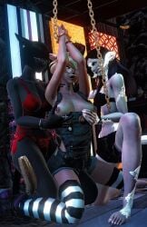 3girls au_ra bondage chains female final_fantasy_xiv miqo'te pleasured_female strelizia white_scales yuri