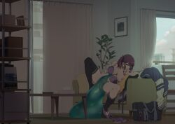 1other ambiguous_gender black_thighhighs blush bottomless bra breasts cevio commentary_request couch creature curtains female hair_ribbon half-closed_eyes hand_to_own_mouth highres indoors large_breasts long_hair monster natsuki_karin no_pants on_couch one_breast_out open_bra open_clothes open_shirt panties panties_around_one_leg plant purple_bra purple_panties red_eyes red_hair ribbon shirt sitting slime_(creature) slime_(substance) slime_sex spread_legs synthesizer_v table takemura_sessyu thighhighs twintails underwear white_shirt window zoophilia