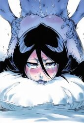 1boy 1girls abs accurate_art_style ai_generated ass ass_grab bed bed_sheet bent_over black_hair black_kimono bleach blush blush_stickers bottomless crying crying_with_eyes_open cum cum_inside cum_splatter doggy_style ejaculation female female_focus from_behind fucked_from_behind fucked_silly hair_between_eyes half-closed_eye high_resolution highres holding_pillow japanese_clothes kuchiki_rukia light-skinned_female light_skin looking_at_viewer male male_pubic_hair manga_style motion_lines no_panties nude nude_male open_mouth pillow pillow_grab pillow_hug pubic_hair purple_eyes rolling_eyes semen shihakusho shinigami_uniform shiny_hair short_hair simple_background solo_focus straight sweat sweatdrop taken_from_behind tearing_up tears tite_kubo_style top-down_bottom-up torso_grab wafuku white_background ㅇㅇ