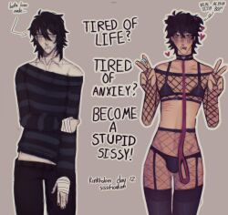 collar depressed feminine_male feminization fishnets glasses hourglass_figure kinktober leash male male_only meme_reference messy_hair minimalist_background oc original_character piercings pretty_boy procreate procreate_(software) puppy_ears puppyboy scars_on_arm shy_boy shy_male sissification sissy vrtualangelz