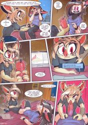 anthro bat bottomwear brother_(lore) brother_and_sister_(lore) clothed clothing comic computer dialogue digital_media_(artwork) duo echo_(knoxbat) electronics english_text erection female fur genitals hair hi_res holding_penis incest_(lore) laptop male male/female mammal open_mouth orianna_(knoxbat) penis ratcha sibling_(lore) silly_face simple_background sister_(lore) speech_bubble text topwear undressing_another