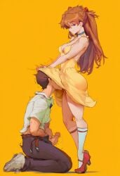 1boy 1girls ai_generated asuka_langley_sohryu blue_eyes brown_hair choker cunnilingus dress female femdom ginger ginger_hair hand_under_dress jerking jerkingoff kneeling looking_at_viewer lucakp male masturbation neon_genesis_evangelion orange_background pants_down shinji_ikari simple_background standing tiptoes