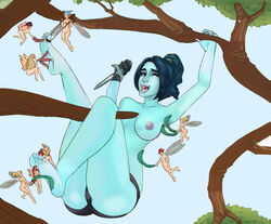 6+girls 9girls barefoot black_hair blonde_hair blue_hair blue_skin breasts dagger dota_2 fairy feathers feet female flying green_eyes laughing mound_of_venus multiple_boys multiple_girls navel nipples nude open_mouth panties partially_clothed phantom_assassin red_hair smile soles tickled tickling tickling_feet topless weapon wings