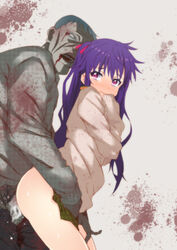 akage blood blue_hair blush cum ebisuzawa_kurumi gakkou_gurashi! grey_skin long_hair pink_eyes purple_hair sex short_hair skirt tears tied_hair twintails zombie