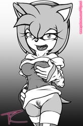 amy_rose bare_shoulders breasts furry furry_only long_sleeve looking_at_viewer monochrome pussy_juice smile sonic_(series)