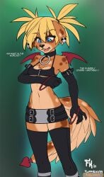2021 5_fingers alternate_version_at_source anthro australian_shepherd bare_shoulders belt belt_buckle black_nose blonde_hair blue_eyes blush boots bottomwear breasts brown_body brown_fur buckle canid canine canis chest_tuft cleavage clothed clothing collar cosplay describing_clothing dialogue digital_media_(artwork) disgaea domestic_dog ear_piercing english_text etna exposure_variation fangs female fingers fluff-kevlar footwear fur furry gloves hair halloween handwear herding_dog holidays humanoid_hands legwear looking_at_breasts looking_at_own_breasts looking_at_self looking_down looking_down_at_self mammal markings miniskirt multicolored_body multicolored_fur nippon_ichi_software o-ring_collar pastoral_dog piercing sheepdog shoes signature skimpy skirt skull_accessory skull_ear_ring small_breasts solo spots spotted_body spotted_fur standing tail tail_over_skirt tan_body tan_fur teeth text thigh_boots thigh_highs tongue tuft under_boob wings zofie_(fluff-kevlar)