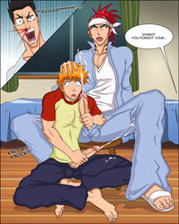 3boys abarai_renji balls_outline barefoot black_hair bleach blood caught_in_the_act cum cum_dripping cum_in_mouth cum_on_clothes cum_on_face erection facial feet fellatio foreskin fully_retracted_foreskin gay gninrom handjob headband holding_penis human ichigo_kurosaki intact interrupted isshin_kurosaki knees_apart_feet_together male male_only masturbating_during_fellatio mouth_open nosebleed open_toe_shoes oral oral_sex orange_hair penis penis_out penis_size_difference red_hair renji_abarai shaved_crotch shocked_expression spread_legs toes uncut veiny_penis yaoi