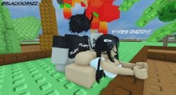 1boy 1girls 3d black_hair blackhornzz doggy_style female grow_a_garden hair_pull half-dressed outdoors pulling_hair roblox roblox_avatar roblox_game robloxian tagme twitter_username