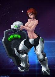 armor breasts brown_eyes brown_hair female headgear helmet heroes_of_the_storm lt._morales medic_(starcraft) mole navel nipples open_mouth power_armor short_hair solo starcraft ta-bam topless undressing