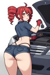 1girls ai_generated ass ass_focus back car engine female female_focus female_only job kasane_teto mechanical mechanics open_hood red_eyes red_hair toyota toyota_corolla vocaloid working
