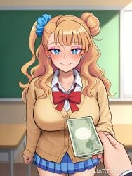 1boy ai_generated asymmetrical_hair bangs blonde_hair blue_eyes blue_scrunchie blue_skirt blush bow breasts bright_pupils cardigan chalkboard classroom desk earrings eyeshadow female galko gyaru hair_bun hair_ornament hair_scrunchie holding holding_money indoors jewelry juliatitusart kogal large_breasts long_hair looking_at_viewer makeup money one_side_up plaid pleated_skirt pov pov_hands prostitution school_desk school_uniform scrunchie single_side_bun skirt smile solo_focus stud_earrings white_pupils