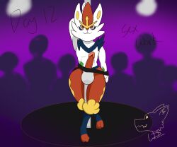 3_toes absurd_res balls balls_bulge cinderace clothed clothing feet fluffy generation_8_pokemon genitals hi_res humanoid jockstrap lagomorph legs_around_pole leporid looking_at_viewer male mammal money_in_jockstrap multicolored_body nintendo partially_clothed penis platform pokemon pokemon_(species) pokemon_focus pole red_eyes red_legs sex_work shaded silhouette_background simple_background solo solo_focus strip_club stripper_pole thick_thighs toes underwear underwear_down watermark wdigni42 white_body
