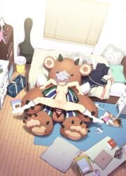 1boy bag bar_censor bed bedroom breasts censored cevio commentary_request double_bun female full_body grey_hair hair_bun highres indoors knee_socks kneehighs kneesocks koharu_rikka male medium_breasts navel nipples nude open_mouth panties penis pillow pussy school_bag sex short_hair socks socks_only spread_legs straight stuffed_animal stuffed_toy synthesizer_v takemura_sessyu teddy_bear trash_can underwear unworn_clothes unworn_panties vaginal_penetration white_socks